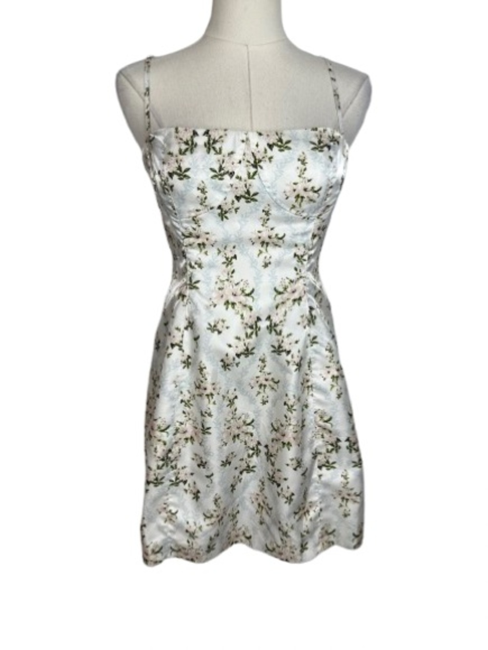 DANIELLE BERNSTEIN White Satin Floral Spaghetti Strap Mini Dress